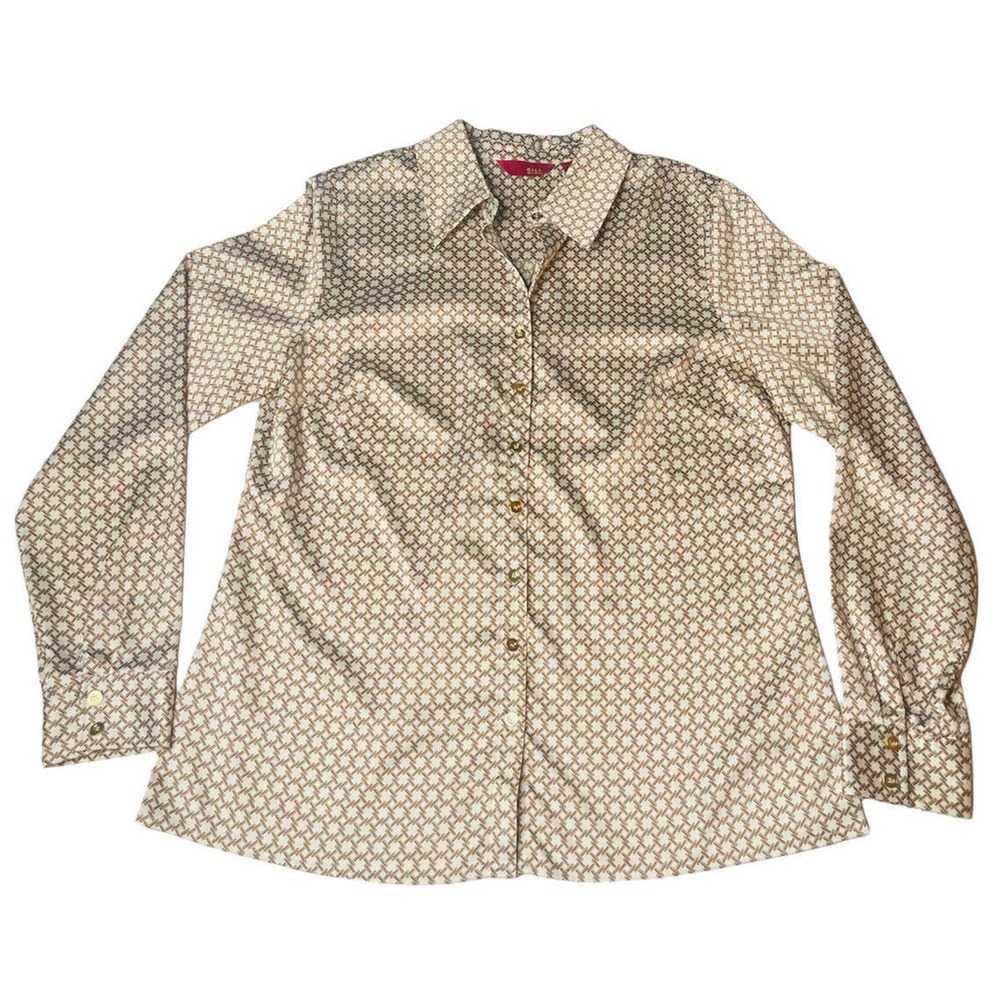 Womens Gili Brown Ivory Printed Silky Button Down Shirt Gold Button Accents Sz M